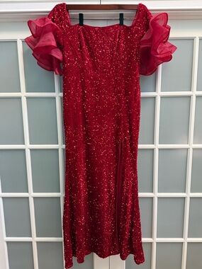 FAERIESTY Red Sequin Velvet Ruffle Sleeve Off Shoulder Mermaid Maxi Dress 2XL